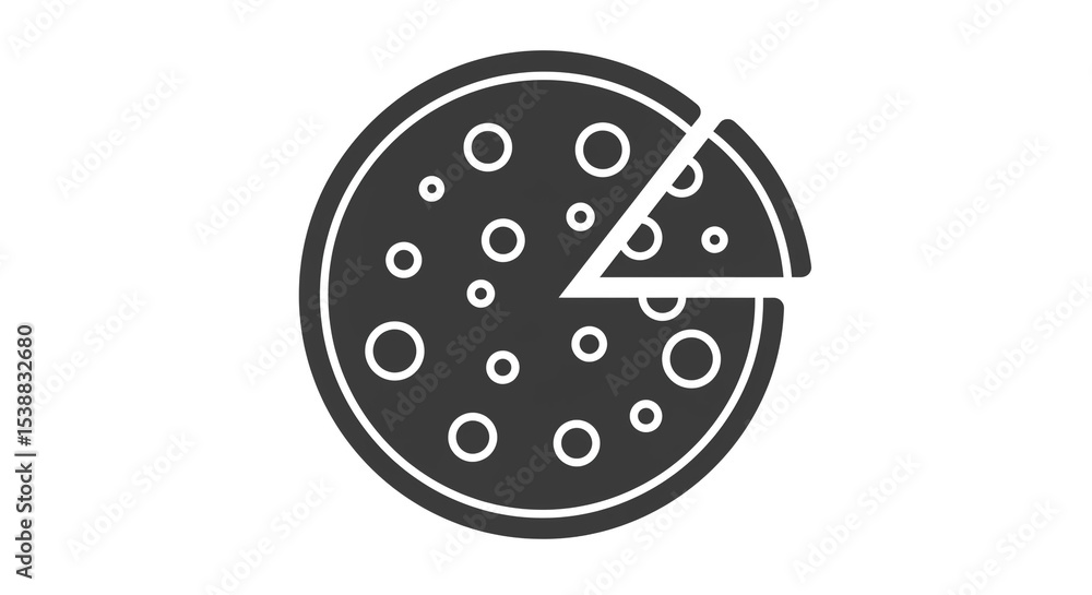 Poster a simple graphic of a pizza with a slice removed showing toppings in a dark gray color on white back