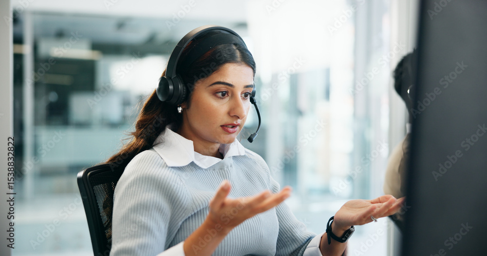 Poster computer, explain and headset with woman in call center for assistance, feedback or virtual help. co