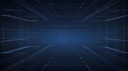 Futuristic Digital Data Tunnel in Dark Blue with Light Lines and Dots