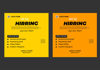 We are hiring job social media posts, ads banner template, Job job vacancy square flyer or web banner Template design.