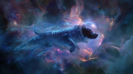 Adorable dog in a space suit floating in outer space above Earth. A whimsical and imaginative scene combining pets and space exploration in a sci-fi setting.