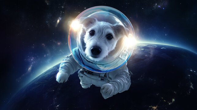 Adorable dog in a space suit floating in outer space above Earth. A whimsical and imaginative scene combining pets and space exploration in a sci-fi setting.