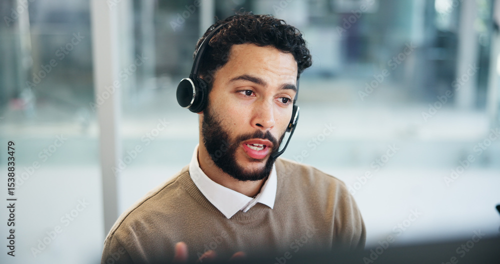 Poster computer, explain and headset with man in call center for assistance, support or virtual help. commu
