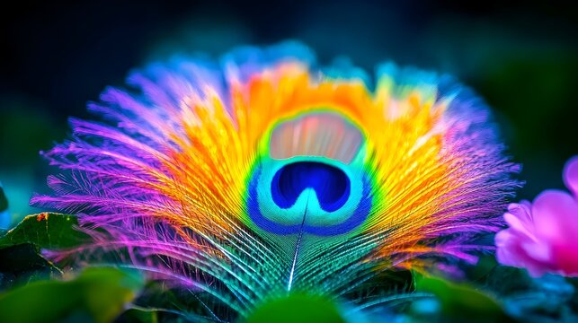 Vibrant peacock feather with iridescent colors against a dark background, showing intricate details and bokeh effect