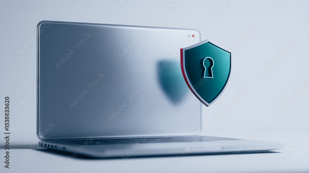 Poster digital fortress: a minimalist and compelling depiction of digital security, with a stylized shield 