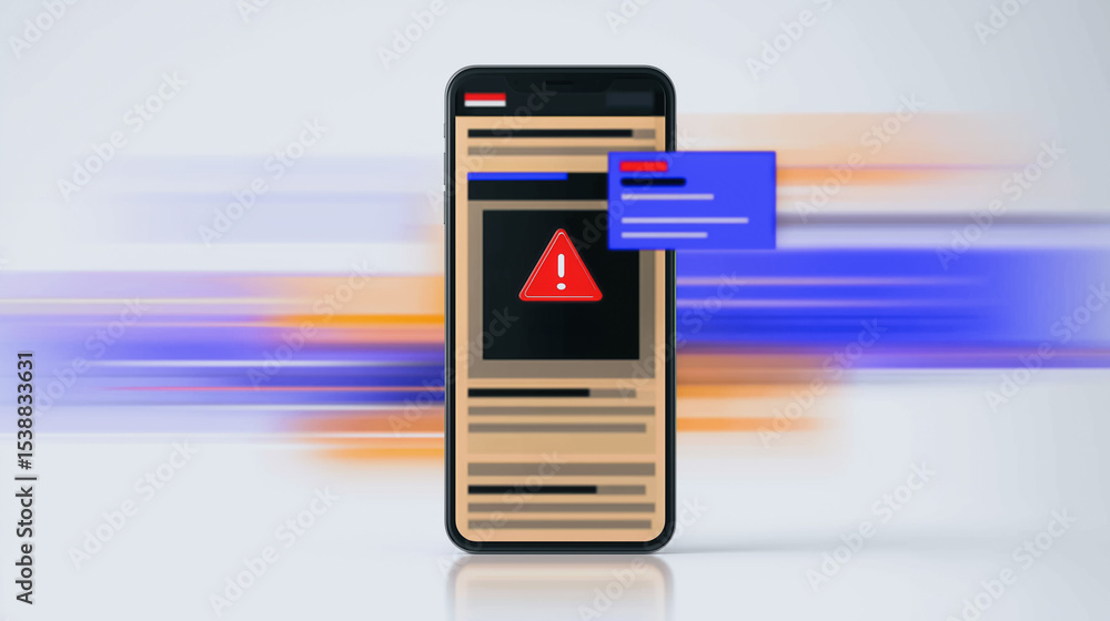 Poster digital alert: a smartphone displays a red warning sign, signaling a technical issue. against a back
