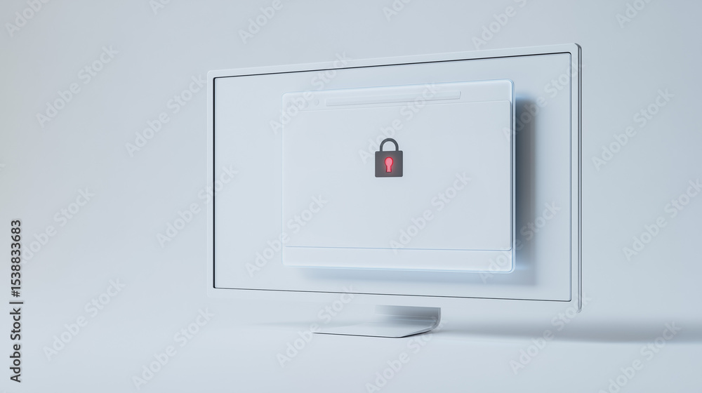 Poster digital security: a minimalistic scene showcases a computer monitor displaying a digital lock icon, 