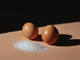 Two brown eggs sit beside a small pile of white granulated sugar on a peach-colored surface, dramatically lit with dark shadows