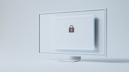 Digital Security: A minimalistic scene showcases a computer monitor displaying a digital lock icon, representing security, privacy, and protection in the digital age.
