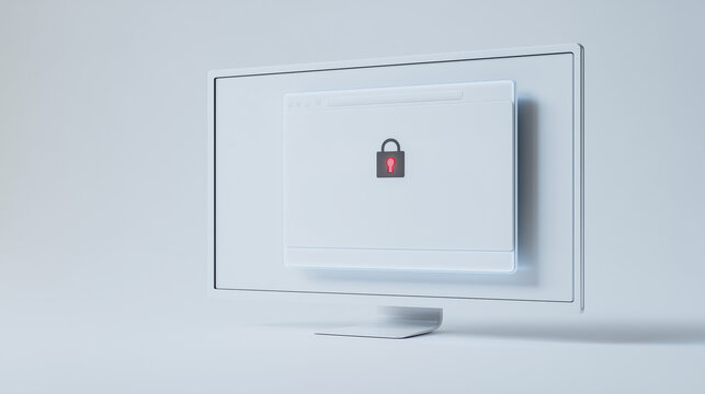 Digital Security: A minimalistic scene showcases a computer monitor displaying a digital lock icon, representing security, privacy, and protection in the digital age.