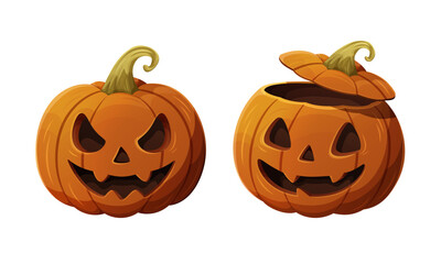 Vector illustration of two Halloween pumpkins with carved faces, one has an open lid. Isolated on white background., festive spooky design element