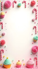 Candy-Themed Kids Party Background with Cupcakes, Balloons, and Sweets – Colorful and Cute Frame for Birthday Invitations or Baking-Themed Designs.