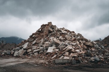 A large pile of rubble and debris, mostly concrete and brick, sits under an overcast sky against a mountainous backdrop.  The scene suggests demolition or destruction
