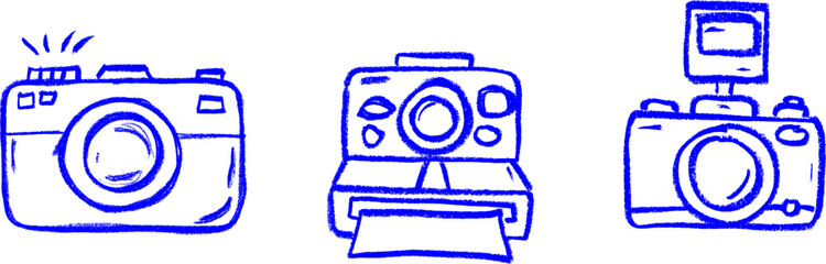 Photo Camera Set Polaroid, Vintage And Tourist Camera Crayon Chalk Drawing Vector Set