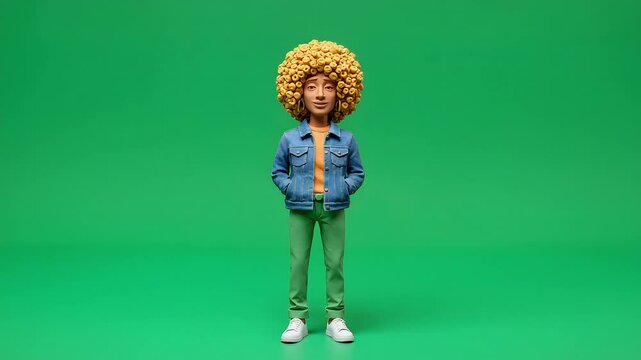 A still image of a 3D clay model figure character animated person, seemingly in a relaxed or contemplative pose wearing denim jacket and yellow afro hairstyle on green screen background