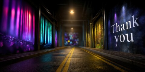Lighted urban alleyway with vibrant colors and graffiti art during the evening