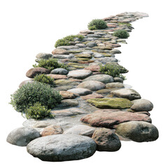 Tranquil stone path winds through peaceful garden, showcasing variety of smooth stones and lush greenery. This serene setting invites relaxation and contemplation