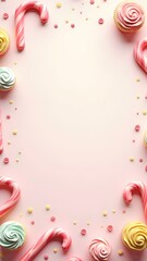 Candy-Themed Kids Party Background with Cupcakes, Balloons, and Sweets – Colorful and Cute Frame for Birthday Invitations or Baking-Themed Designs.