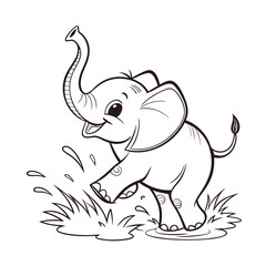 Cute baby elephant joyfully Playing through water. vector with detailed lines and light splash accents. Isolated on clean white background.