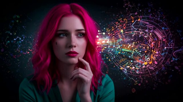 A contemplative woman with vibrant pink hair surrounded by colorful musical notes and patterns