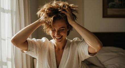 Joyful Woman with Messy Hair: Laughing, Natural Light, Casual