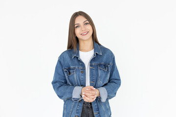 Close-up portrait of young woman casual portrait in positive view, big smile, beautiful model posing in studio over white background.