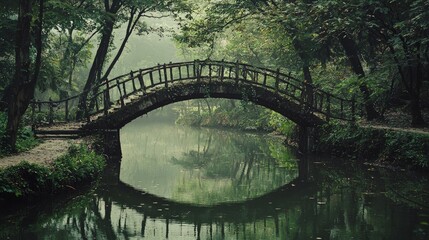Misty, ancient stone bridge over a tranquil waterway in a lush forest.