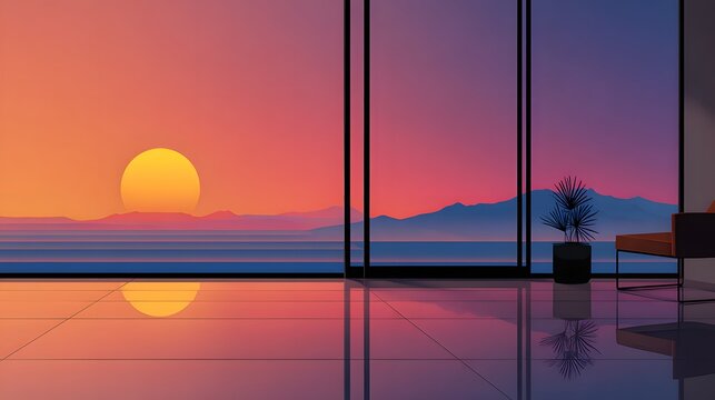 Artful Flat Design with Expansive Window and Vibrant Sunrise: A Sophisticated Illustration of Mental Clarity Through Streamlined Shapes