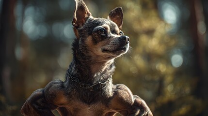 Detailed portrait of a robust and muscular chihuahua displaying influential bodybuilding form amidst a vibrant natural forest setting