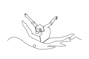 Continuous one line drawing graceful female gymnast jumping in mid air, performing split leap. Elegance and precision in captivating rhythmic gymnastic. Single line design vector graphic illustration