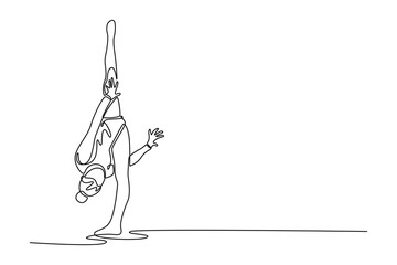 Continuous one line drawing female gymnast gracefully maneuvering stand, her artistic flair and precision in an enthralling gymnastics performance. Single line draw design vector graphic illustration
