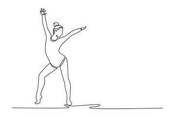 Continuous one line drawing female gymnast elegantly rhythmic dance. Precision, grace, and artistry in captivating rhythmic gymnastics performance. Single line draw design vector graphic illustration