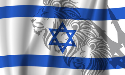 Vector wavy national flag of Promised Land. Star of David. Shadows heads of lion and rocket combat systems. Nation of lions. Military and political banner