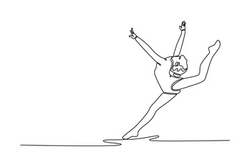 Continuous one line drawing attractive fit gymnast woman in sportswear dress working out, performing art gymnastics, stride leap, jumping, dancing. Single line draw design vector graphic illustration
