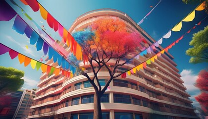 Vibrant Building Decorated with Colorful Party Banners and Trees Against a Bright Blue Sky - AI Generated Art