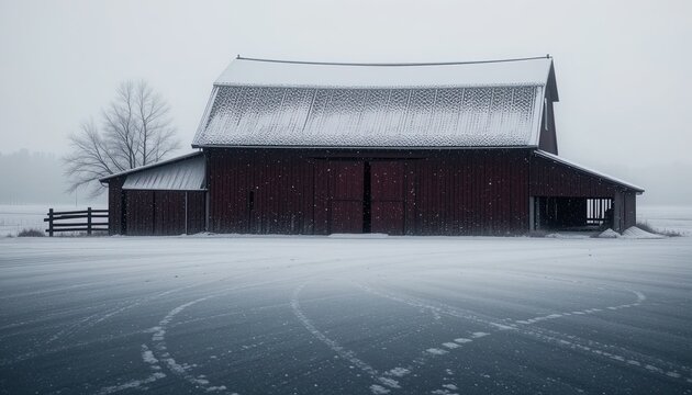 A snow-covered red barn on a winter's day. - Powered by Adobe