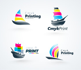 Set Logo Sailing Ship CMYK Print theme. Abstract Sailiboat silhouette ink cmyk sail. Template design vector.