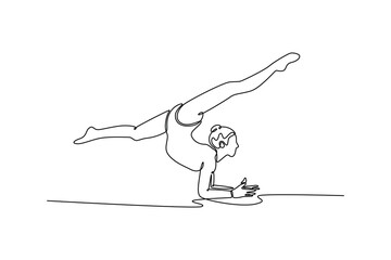 Single continuous line drawing beautiful and flexible graceful athlete rhythmic gymnastic artist dancing, doing stretch exercises. Beauty, art, sport. One line draw graphic design vector illustration