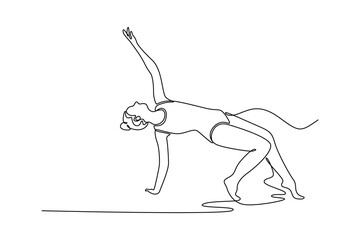 Continuous one line drawing young girl, professional rhythmic gymnast athlete in motion, making beauty dance performance. Contemporary art collage. Single line draw design vector graphic illustration