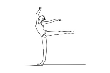 Single one line drawing beauty young gymnast woman stretching and training rhythmic gymnastic. Professional sport, healthy and active lifestyle. Continuous line draw design graphic vector illustration