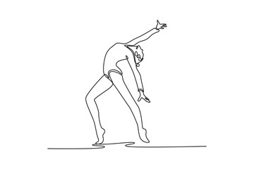 Single one line drawing girl gymnast trains rhythmic gymnastics in professional arena. Beauty, art, sport, competition, health, hobbies. Modern continuous line draw design graphic vector illustration