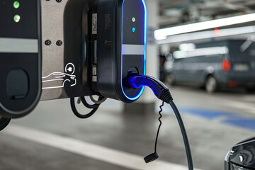 Charging station for electric vehicle in a modern parking facility during the day