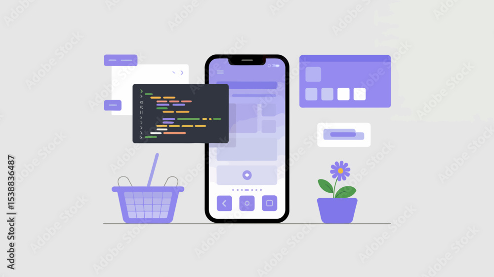 Poster modern mobile app design with shopping cart and code interface elements