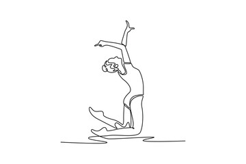 Single one line drawing woman exercising rhythmic gymnastics. Female gymnast elegantly art dancing, her precision, grace, and artistry. Modern continuous line draw design graphic vector illustration