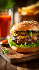 Close Up Of Gourmet Burger With Cheese Jalapenos and Tomato Juice on Wooden Board