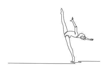 Single one line drawing teenager doing rhythmic gymnastic dance in arena. Fit gymnast dancer sport ballerina athlete perform acrobatic exercise. Continuous line draw design graphic vector illustration