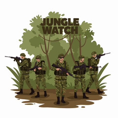 Jungle Watch: A group of resolute soldiers stands ready in a lush jungle, embodying vigilance and preparation in a photorealistic display.