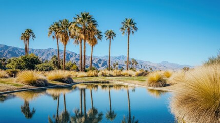 Palm trees and mountains reflected in a still water pond