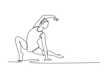 Single one line drawing young female rhythmic gymnast posing and dancing. Beautiful and graceful sports. Motion, grace and flexibility. Modern continuous line draw design graphic vector illustration