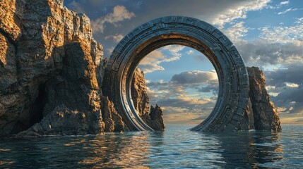 Fototapeta premium Circular stone archway emerging from a rocky shoreline.